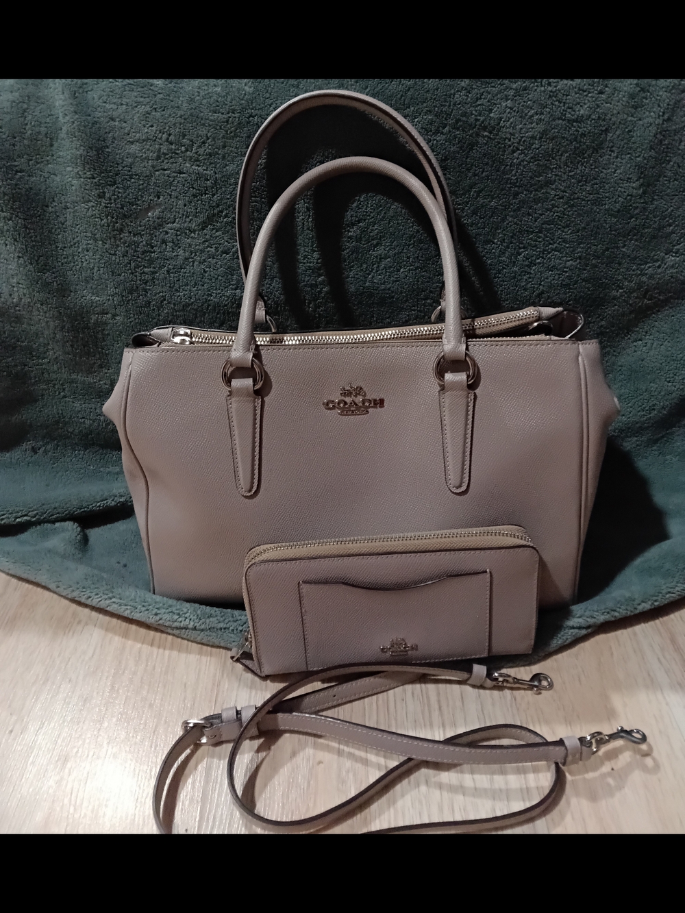 Coach Taupe Cream Pebbled Leather Satchel with Wallet